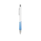 A white ballpoint pen with a silver clip and tip. The lower part of the barrel is accented with blue stripes. It is positioned vertically against a plain white background.