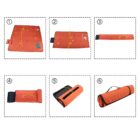 Step-by-step illustration: folding a red-orange play mat. Steps 1-2: fold sides. Step 3: roll from top. Step 4: continue rolling. Step 5: secure with strap. Step 6: shows rolled mat with handle, ready for carrying.
