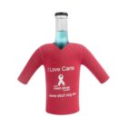 A bottle wearing a red koozie shaped like a long-sleeve shirt, with the text I Love Cans, a breast cancer awareness ribbon, and the website www.sbcbf.org.au printed on it.