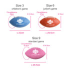 Three footballs are shown: Size 3 (childrens game) in blue, Size 6 (juniors game) in orange, and Size 9 (standard game) in pink. Measurements for each are provided: Size 3 (L: 22cm, Circumference: 39cm), Size 6 (L: 26.5cm, Circumference: 47cm), Size 9 (L: 28.5cm, Circumference: 52.5cm).