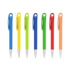Seven colorful pens with silver tips are arranged in a row. The pens are in yellow, blue, green, red, and orange, each with a matching clip. The pens are isolated on a white background.