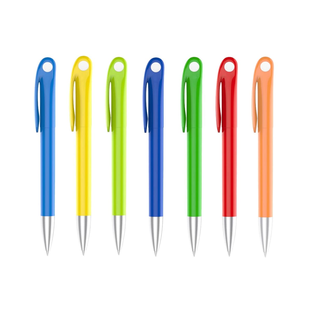 Seven colorful pens with silver tips are arranged in a row. The pens are in yellow, blue, green, red, and orange, each with a matching clip. The pens are isolated on a white background.