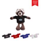 Plush raccoon toy wearing a black shirt with a STAR logo. Below it, four T-shirt options are displayed in black, red, blue, and white, each with a different logo. A red banner in the top right corner reads Optional Custom T Shirt.