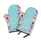 Two oven mitts with a turquoise checkered pattern and colorful kitchen-themed illustrations, such as utensils and ingredients, along the edges. The word Recipe is printed near the bottom of each mitt.