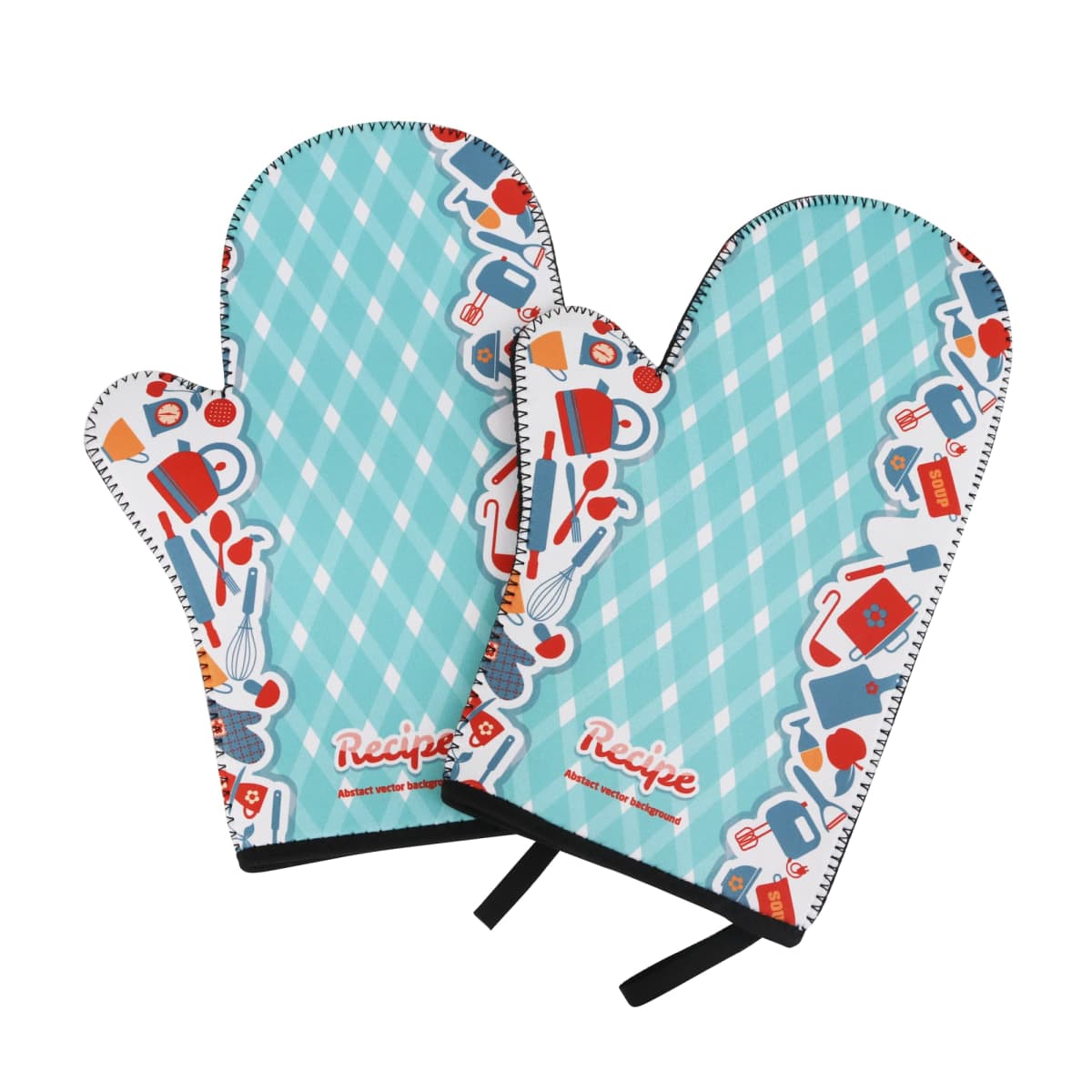 Two oven mitts with a turquoise checkered pattern and colorful kitchen-themed illustrations, such as utensils and ingredients, along the edges. The word Recipe is printed near the bottom of each mitt.