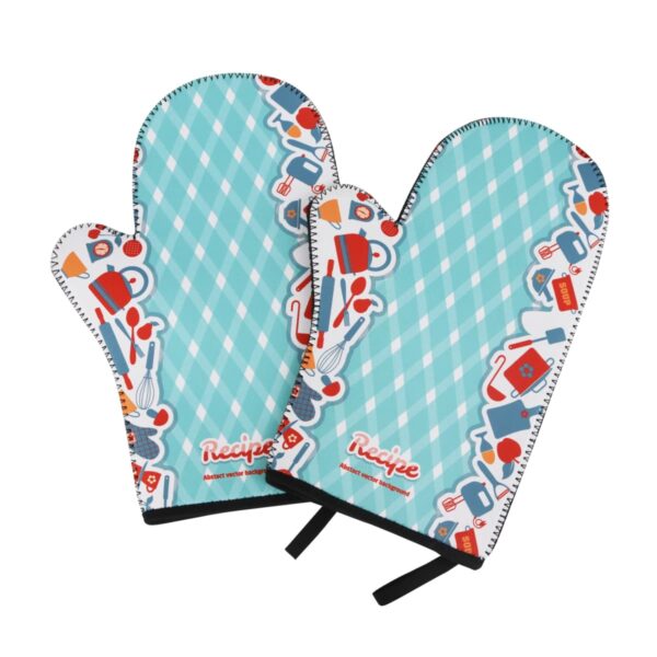 Two teal oven mitts with a diamond pattern and kitchen-themed illustrations, including pots and utensils, along the edges. The word Recipe is printed near the bottom of each mitt. Black loops are attached for hanging.