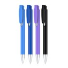 Four ballpoint pens in different colors—light blue, dark blue, purple, and black—are lined up vertically. Each pen has a silver tip and a matching clip on the cap.