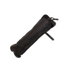 A black, rolled-up leather tool bag with straps for closure, isolated on a white background.