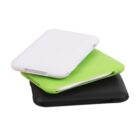 Three stacked rectangular power banks in white, green, and black, viewed from an angle against a plain background.