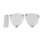 Two triangular white plastic corner shelves with suction cups on each corner are laid out alongside a set of six identical white cylindrical rods.