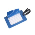 A blue luggage tag with a black strap. The front has a clear window displaying lines for a name, address, and telephone number. The top part is partially open, revealing the paper insert inside.