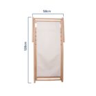 Folded wooden deck chair with white fabric and dimensions 128cm by 58cm.