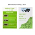 Two images show a webcam cover package. The left image includes instructions with illustrations on how to apply the cover. The right image displays a design with penguins, a customizable logo area, and the text Protect Your Privacy Webcam Cover.