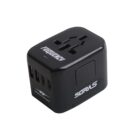 Black universal travel adapter with multiple sockets and USB ports.