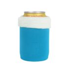 A can of Crystal Spring Peach Tea wrapped in a bright blue koozie with a fluffy white trim, set against a plain white background.