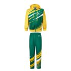 A green and yellow tracksuit with a hooded jacket featuring diagonal stripes and small white circular logo on the chest. The pants have similar striped patterns. The ensemble is displayed on a plain white background.