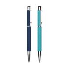 Two pens with woven texture bodies. One is dark blue, the other light blue. Both pens have silver tips and clips, standing upright against a white background.