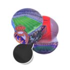 Three round coasters displaying soccer themes: the first shows a stadium and a teams logo, the second features a soccer ball pattern with another teams crest, and the third shows a stadium with an indistinct logo.