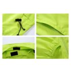 Collage of four close-up images of a vibrant green jacket. Images show a drawstring adjustment, a zippered pocket, a hood with Velcro fastenings, and an elastic cuff.