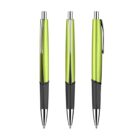 Three green and black retractable pens with silver tips are arranged in a row against a white background. Each pen has a shiny green barrel, black grip section, and a metal clip at the top.