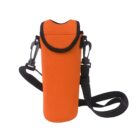 Orange insulated water bottle sleeve with a black shoulder strap and handles. The neoprene material provides protection and insulation.