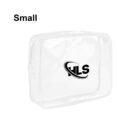 Clear small zippered pouch with HLS logo in black on the front.