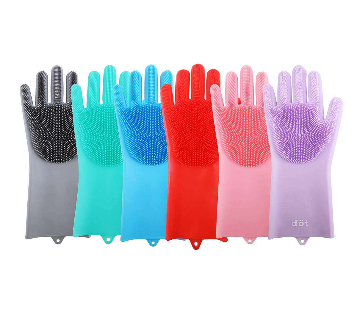 Six silicone cleaning gloves in various colors (gray, teal, blue, red, pink, purple) with bristles on the palms are displayed upright in a row. Small loops are visible near the cuffs for hanging.