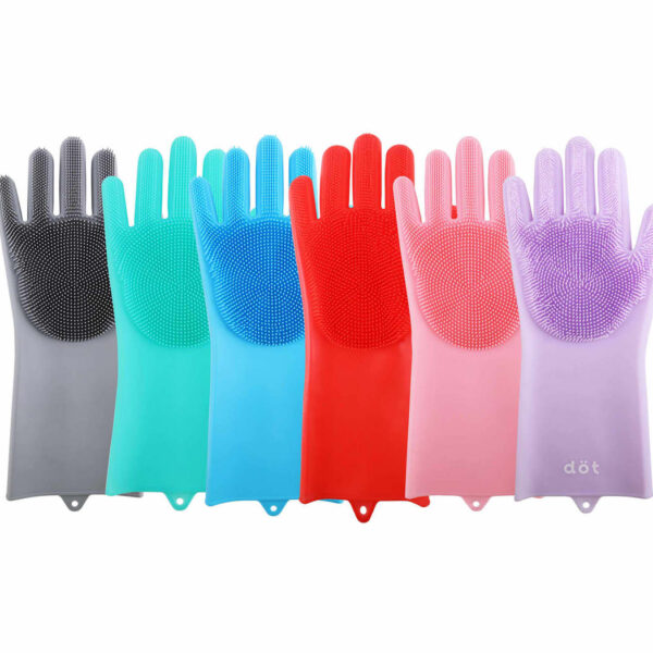 Six rubber cleaning gloves in various colors—gray, turquoise, green, red, pink, and lavender—are laid flat. Each glove has scrubbing bristles on the palm, and some have hanging loops at the cuffs.