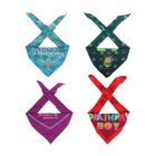 Four colorful dog bandanas are shown: one with Happy Thanksgiving in blue, one in green with a festive dog, one in purple with ProHeart 12 and moxidectin text, and a red one with Birthday Boy in bold letters.