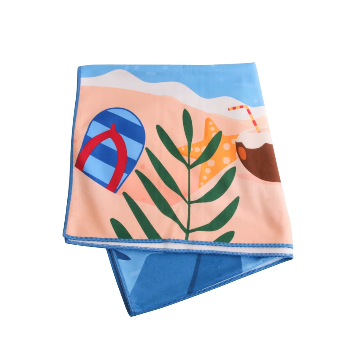A folded beach towel with vibrant designs, featuring a red and blue beach ball, a green palm leaf, a coconut drink with a straw, and sandy shore motifs against a light blue background.