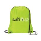 A bright green drawstring backpack with black strings featuring printed text: how sweet the sound and Washington, D.C. in white lettering.