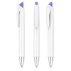 Three white ballpoint pens with silver tips and purple clickers are shown from different angles against a plain white background.