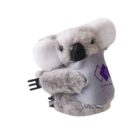 A small, plush koala toy with a gray body and white ears is wearing a gray vest with a purple geometric logo and the word BRAN partially visible. The koala has black eyes and a nose, and is holding a small black comb.