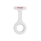 A white plastic holder designed for an Apple AirTag, featuring a circular slot for the device at the bottom and a T-shaped handle with FLINE written in red at the top.