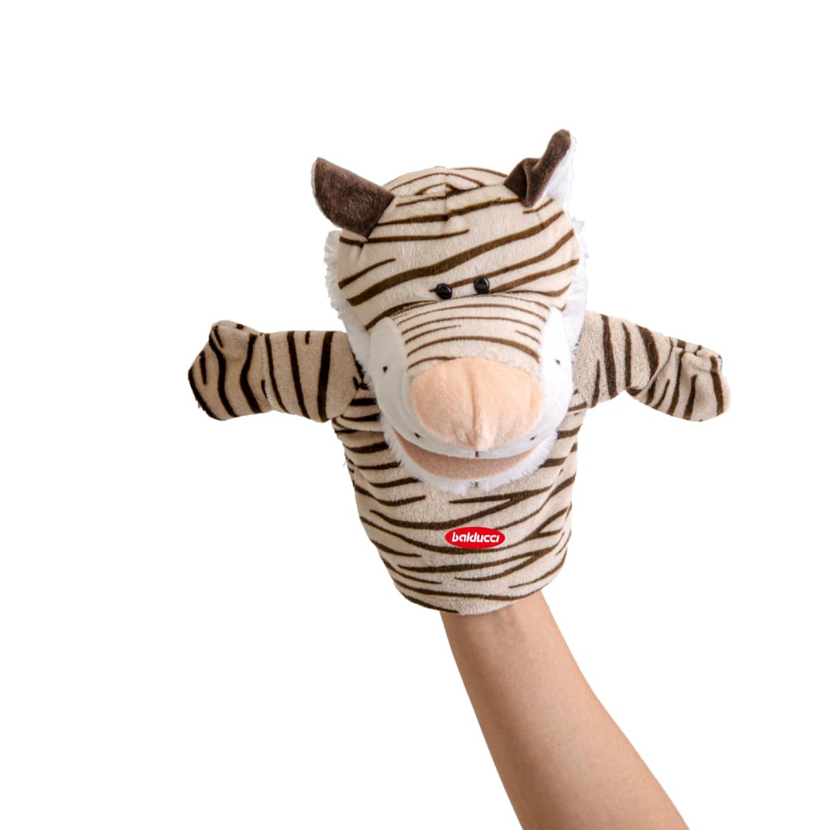 A plush zebra puppet is worn on a persons hand. The zebra has black stripes, a large beige snout, and soft ears. The puppet is against a white background.