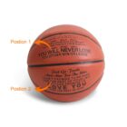 A basketball with motivational quotes printed on it. Text includes You will never lose, you either win or learn and phrases about love and achieving goals. Arrows labeled Position 1 and Position 2 point to different areas of the quotes.