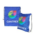 Two blue drawstring bags with black cords, featuring a multicolored logo resembling a musical note and the text CANTREX. One bag is slightly larger, and both are positioned upright against a white background.