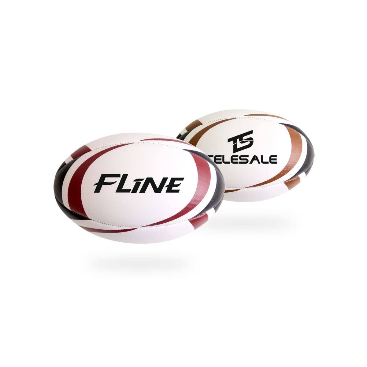Two rugby balls are displayed against a white background. One ball has FLINE written on it, and the other has TELESALE. Both have curved stripe designs in maroon, black, and brown.