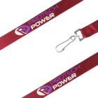 A red lanyard with the text PROTECH POWER and a logo printed in purple and white. It features a metal clasp for attaching items. The lanyard is displayed against a plain white background.