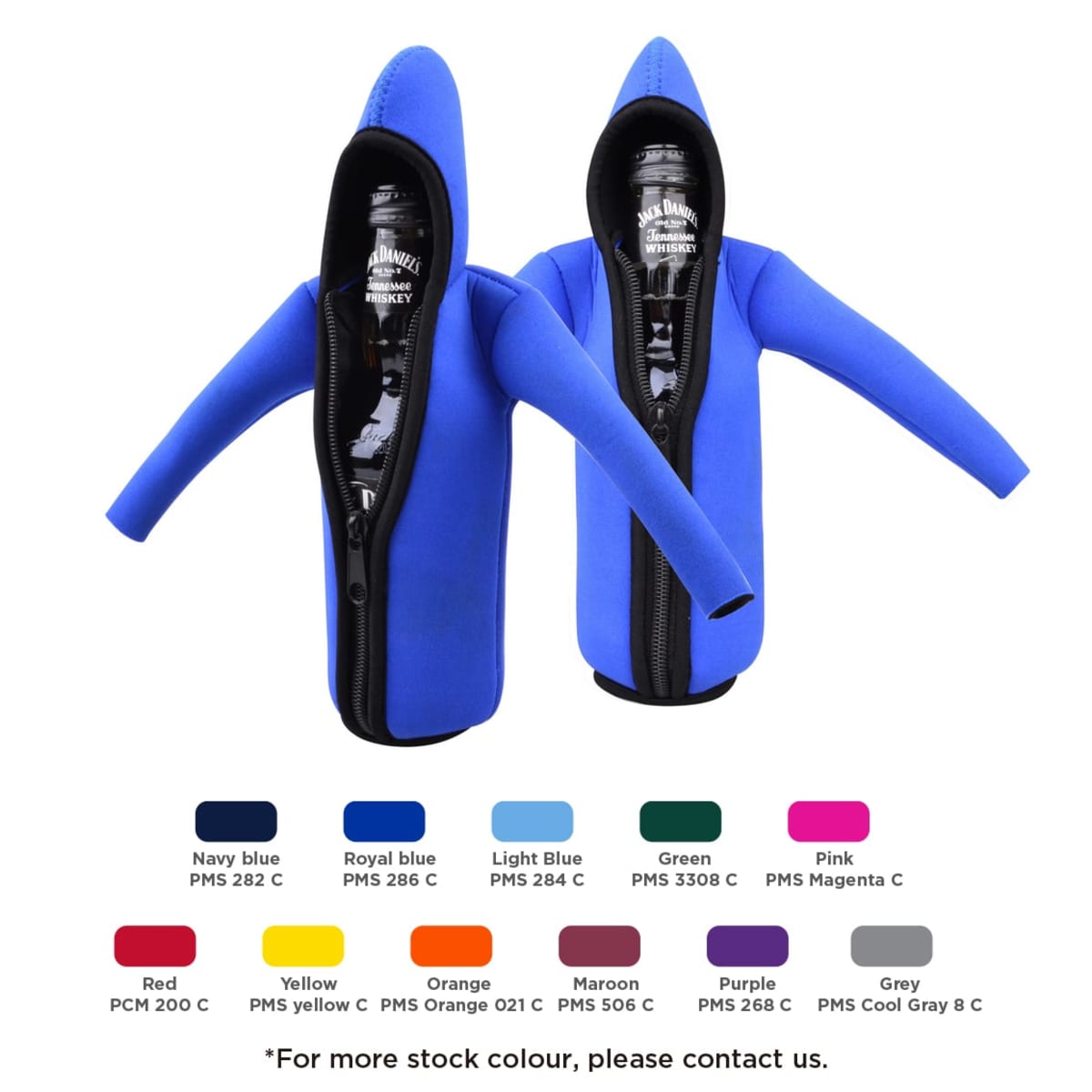 Two blue bottle coolers with zippers and zip-up hoods hold bottles labeled MADE WITH BLACK LABEL SOCIETY WHISKEY. Below are color samples for Navy Blue, Royal Blue, Light Blue, Green, Pink, Red, Yellow, Orange, Maroon, Purple, and Grey.