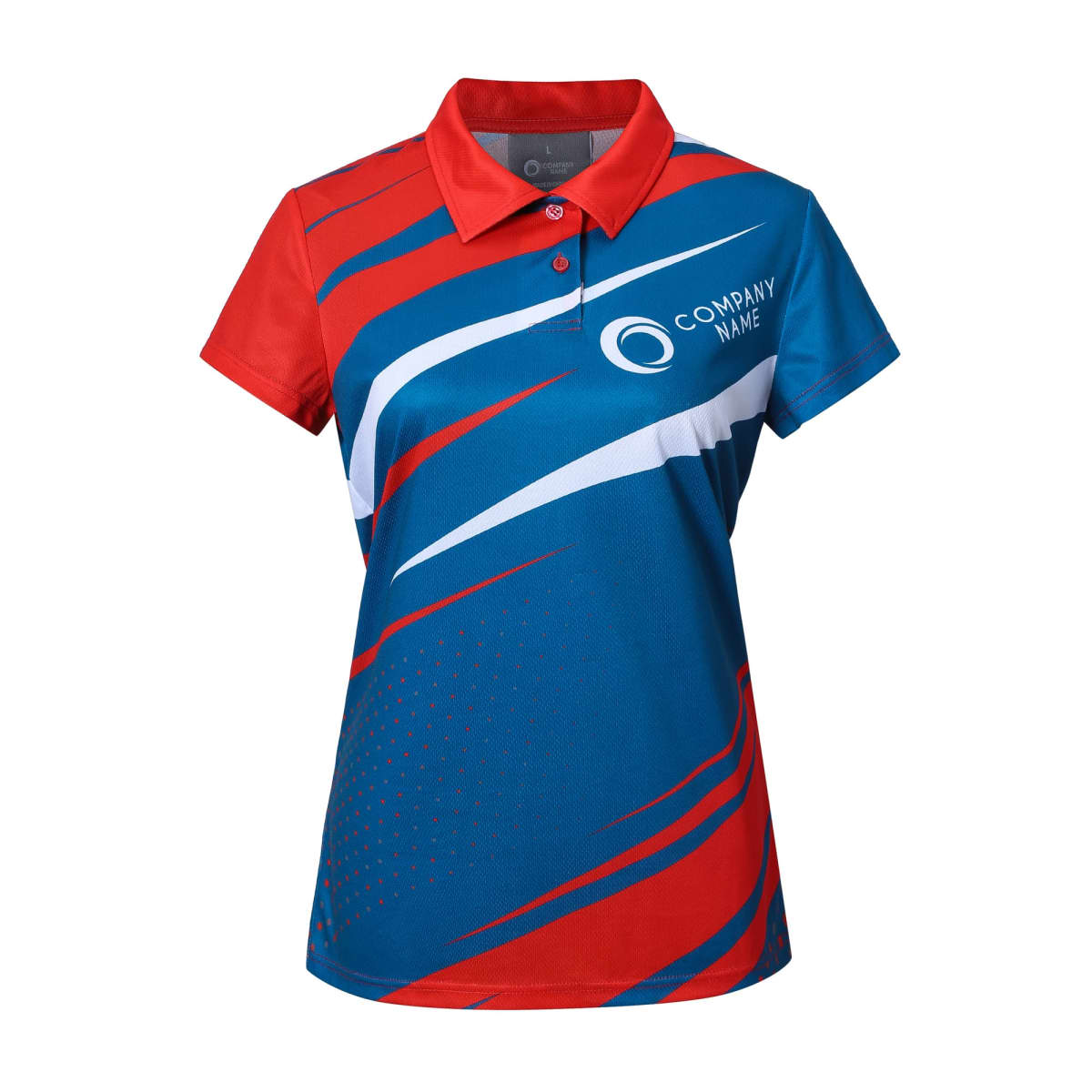 A blue and red short-sleeve polo shirt with abstract white lines and a Company Name logo on the chest. The shirt features a red collar and red sleeve ends.