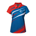 A blue and red polo shirt with a modern graphic design featuring diagonal stripes and abstract shapes. The shirt has a company logo on the chest area, labeled Company Name, and a red collar.