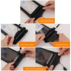 Step-by-step guide to using a waterproof phone pouch: 1) Push to open snap. 2) Open gently. 3) Insert phone. 4) Close gently. 5) Press to lock snap.
