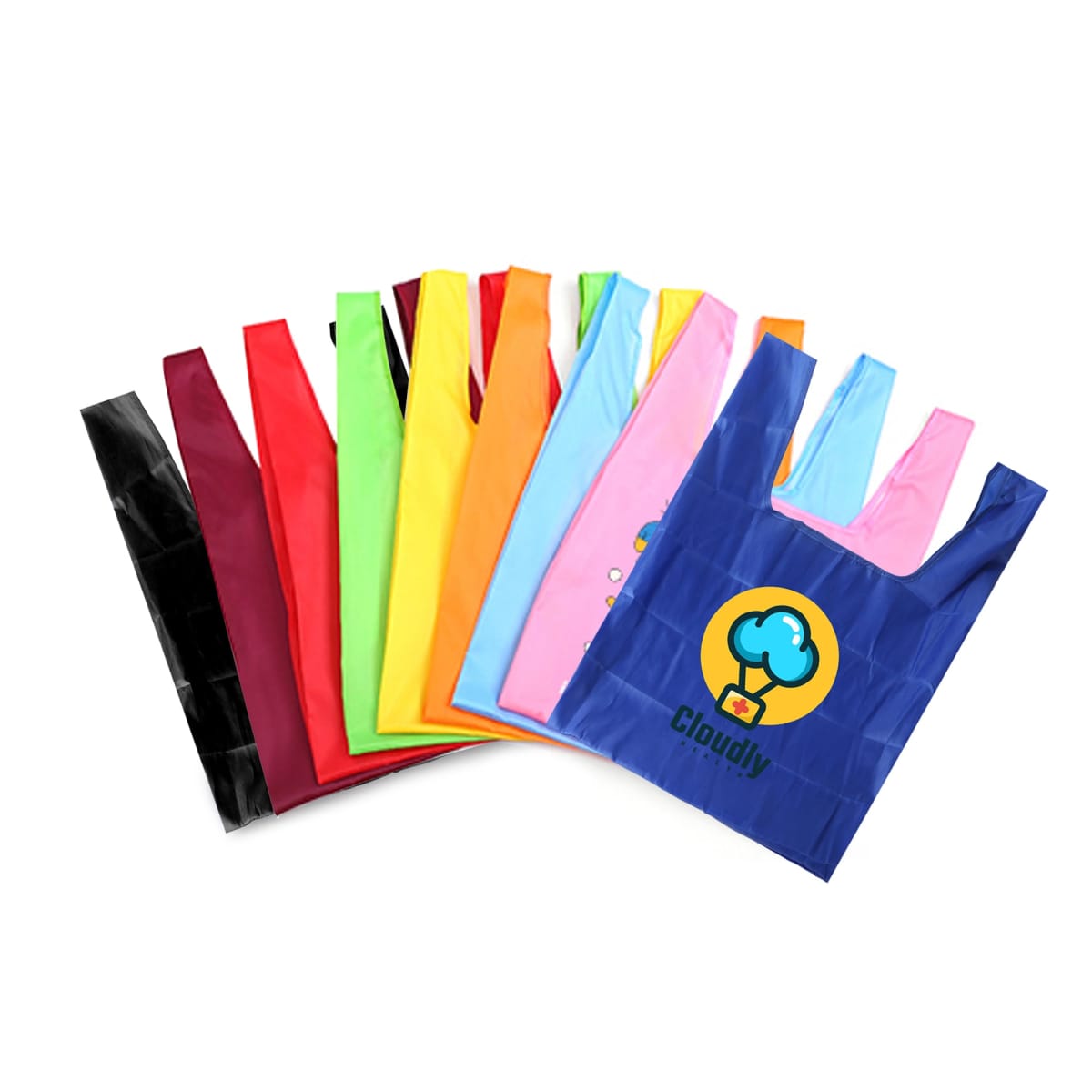 A variety of reusable shopping bags in different colors, including black, red, green, yellow, orange, pink, and blue. The blue bag features a logo with a cloud and tree symbol and the word Cloudify.