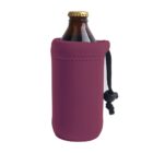 A glass bottle with a golden cap is snugly placed inside a maroon fabric cover. The cover features stitched detailing at the top and a drawstring with a black toggle on the side.