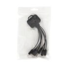 A black multi-connector charging cable with multiple ends, including USB and micro-USB, is packaged in a clear, resealable plastic bag.
