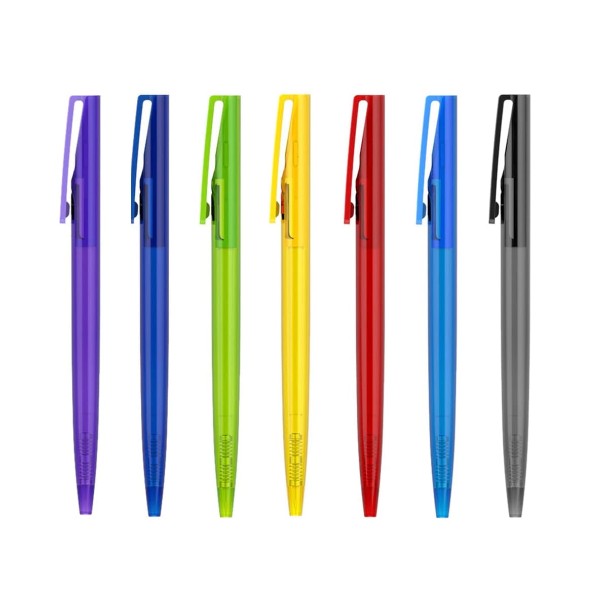 Seven colorful pens in a row, each in a different translucent color: purple, blue, green, yellow, orange, red, and black. Each pen features a pocket clip on the cap.