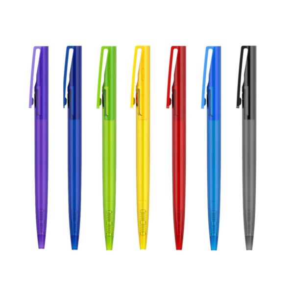 A row of seven pens in different colors: blue, purple, green, yellow, orange, red, and gray. Each pen has a translucent casing and a clip on the cap.
