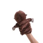 A hand is holding a brown plush monkey puppet. The puppets face is not visible as it faces away from the camera. The puppet has light gray hands and is set against a plain white background.