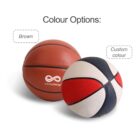 Two basketballs are shown with text indicating color options. On the left is a brown basketball labeled Brown, and on the right is a basketball with a unique black, white, and red pattern labeled Custom colour. Both feature the Infinity Design logo.